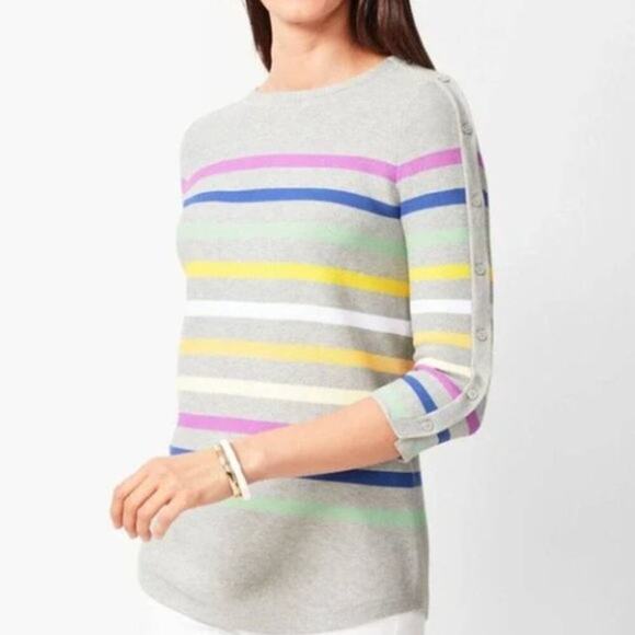 Talbots Stripe Button 3/4 Sleeve Gray Colorful Sweater 1x - Picture 1 of 4